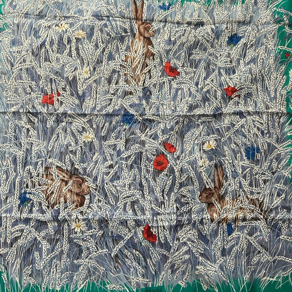 Hermes Green and Blue Scarf with Rabbit Design - Picture 3 of 9